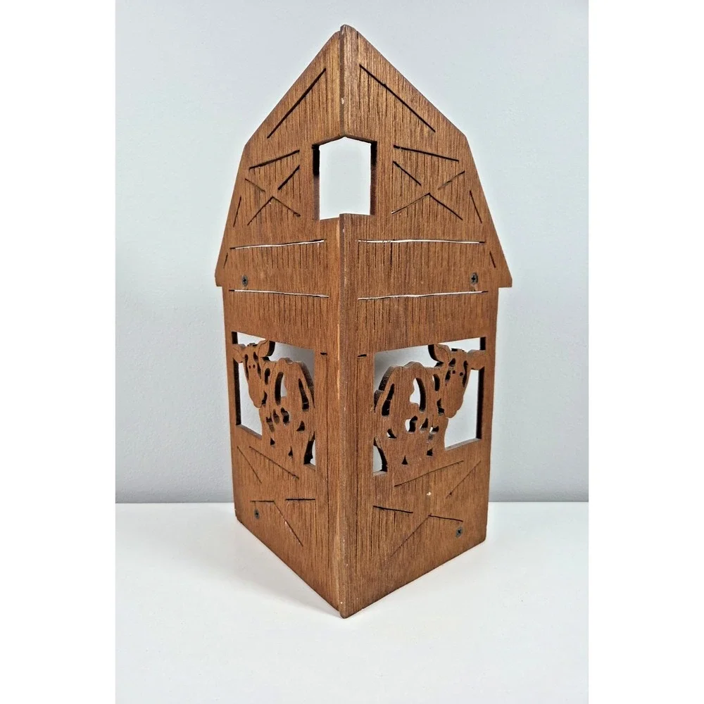 Vintage Hand Carved Wooden Small Barn Corner Shelf W/Decorative Cows Rustic